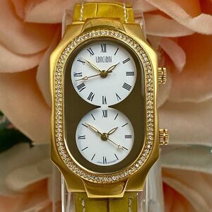 Lanciani Crystal Accented Bezel Dual Time Watch with Leather Strap